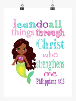 African American Ariel Princess Christian Nursery Decor Print - I Can Do All Things Through Christ - Philippians 4:13