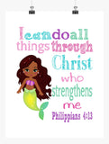African American Ariel Princess Christian Nursery Decor Print - I Can Do All Things Through Christ - Philippians 4:13