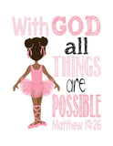 African American Ballerina Christian Nursery Set of 4 Printables in Pink and Black with Bible Verses - Instant Download