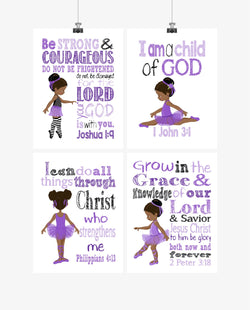 African American Ballerina Christian Nursery Decor Set of 4 Prints in Purple