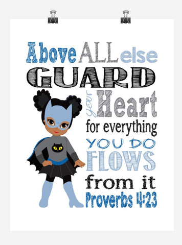 Catgirl Superhero Christian Nursery Decor Print - Above all else Guard your Heart - Proverbs 4:23