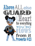 Catgirl Superhero Christian Nursery Decor Print - Above all else Guard your Heart - Proverbs 4:23
