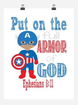 African American Captain America Superhero Christian Nursery Decor Art Print - Put on the full Armor of God - Ephesians 6:11