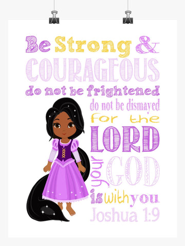 African American Rapunzel Christian Princess Nursery Decor Unframed Print Be Strong and Courageous Joshua 1:9
