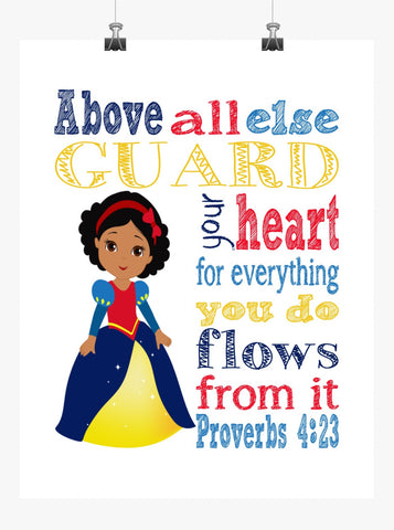 African American Snow White Christian Princess Nursery Decor Unframed Print Above all else Guard your Heart - Proverbs 4:23