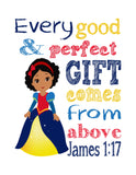African American Snow White Christian Princess Nursery Decor Print, Every Good and Perfect Gift Comes From Above - James 1:17
