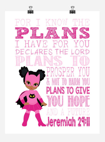 African American Catgirl Superhero Christian Nursery Decor Print - For I Know The Plans I Have For You - Jeremiah 29:11