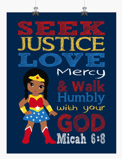 African American Wonder Woman Christian Superhero Nursery Decor Wall Art Print - Seek Justice Love Mercy - Micah 6:8 Bible Verse