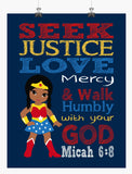 African American Wonder Woman Christian Superhero Nursery Decor Wall Art Print - Seek Justice Love Mercy - Micah 6:8 Bible Verse