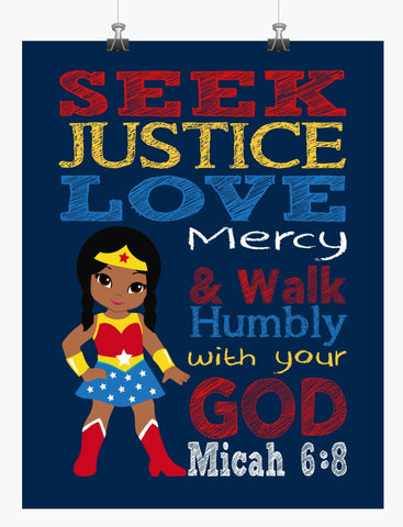 African American Wonder Woman Christian Superhero Nursery Decor Wall Art Print - Seek Justice Love Mercy - Micah 6:8 Bible Verse
