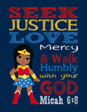 African American Wonder Woman Christian Superhero Nursery Decor Wall Art Print - Seek Justice Love Mercy - Micah 6:8 Bible Verse