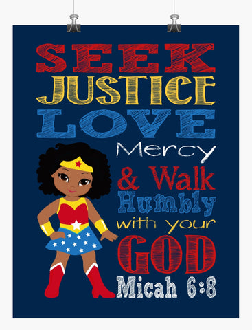 African American Wonder Woman Christian Superhero Nursery Decor Wall Art Print - Seek Justice Love Mercy - Micah 6:8 Bible Verse