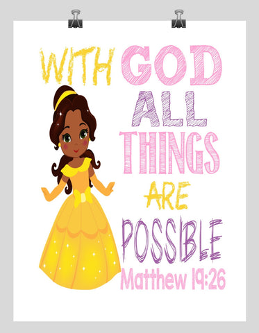 African American Belle Christian Princess Nursery Decor Wall Art Print - With God all things are possible - Matthew 19:26