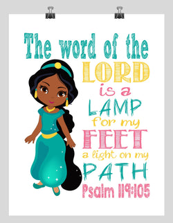 African American Jasmine Christian Princess Nursery Decor Unframed Print The word of the Lord is a lamp for my feet Psalm 119:105