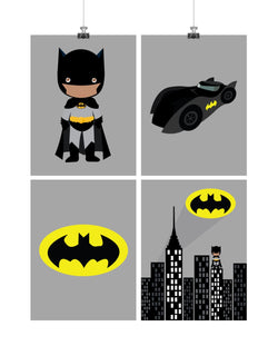 African American Batman Superhero Nursery Decor Art Set of 4 Prints - Batman, Batmobile, Cityscape and Bat Symbol