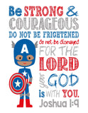 African American Christian Superhero Nursery Print Set of 4 - Ironman, Flash, Wolverine and Captain America with Bible Verses