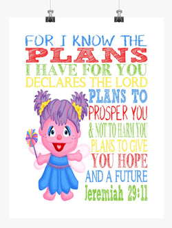 Abby Cadabby Sesame Street Christian Nursery Decor Print, For I Know The Plans I Have For You, Jeremiah 29:11