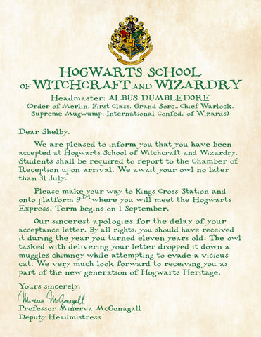 Personalized Harry Potter Acceptance Letter with Apology for late delivery - School of Witchcraft and Wizardry