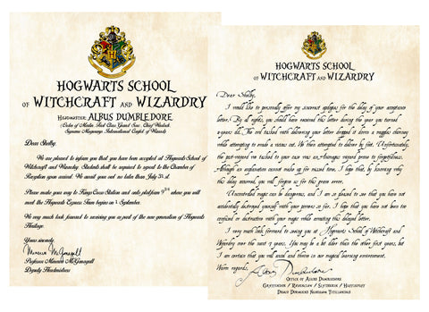 Personalized Harry Potter Acceptance Letter with Apology for late delivery Hogwarts School of Witchcraft and Wizardry