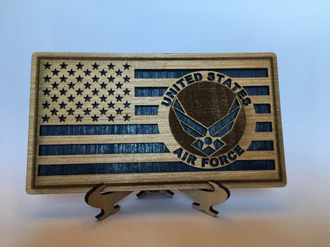 Small American Flag, US Air Force Military desk flag, Engraved Wood Painted Rustic Style Flag