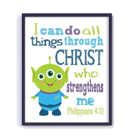 Alien Toy Story Christian Nursery Decor Unframed Print - I Can Do All Things Through Christ Who Strengthens Me - Philippians 4:13