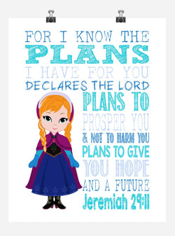 Frozen Christian Princess Anna Nursery Decor Wall Art Print - For I Know The Plans I Have For You - Jeremiah 29:11