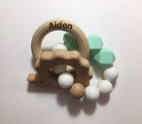Engraved Personalized Gender Neutral Hedgehog Montessori Wooden Teether Rattle Organic Wood Teething Ring Gift for Baby Shower