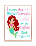 Ariel Christian Princess Nursery Decor Unframed Print - I Can Do All Things Through Christ Who Strengthens Me - Philippians 4:13
