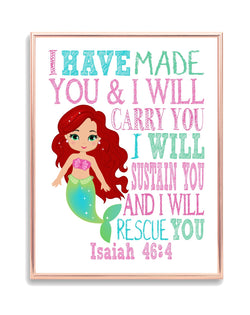 Ariel Christian Princess Nursery Decor Unframed Print - I have made you and I will rescue you - Isaiah 46:4