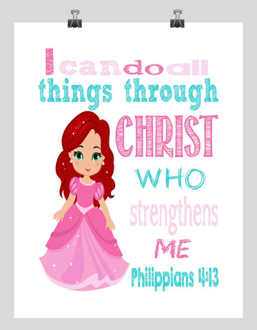 Ariel Christian Princess Nursery Decor Art Print - I Can Do All Things Through Christ Who Strengthens Me - Philippians 4:13