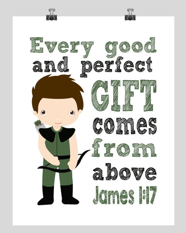 Arrow Superhero Christian Nursery Decor Print - Every Good and Perfect Gift Comes From Above - James 1:17