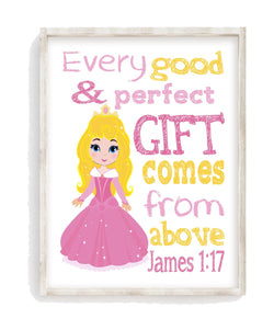 Aurora Christian Princess Nursery Decor Unframed Print Every Good and Perfect Gift Comes From Above - James 1:17