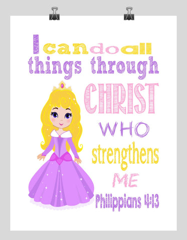Aurora Christian Princess Nursery Decor Art Print - I Can Do All Things Through Christ Who Strengthens Me - Philippians 4:13