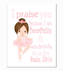 Pink Ballerina Christian Nursery Decor Print, Fearfully & Wonderfully Made Psalm 139:14