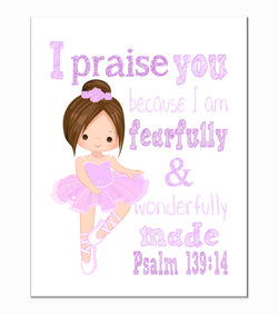 Purple Ballerina Christian Nursery Decor Print, Fearfully & Wonderfully Made Psalm 139:14