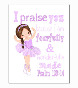 Ballerina Christian Nursery Decor Print in Purple , Fearfully & Wonderfully Made Psalm 139:14