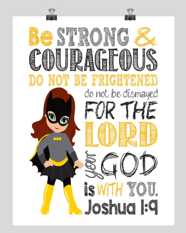 Catgirl Superhero Christian Nursery Decor Print - Be Strong & Courageous Joshua 1:9