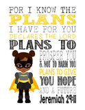 African American Christian Superhero Nursery Decor Wall Art Set of 4 Prints - Wonder Woman Supergirl Batgirl and Bumblebee