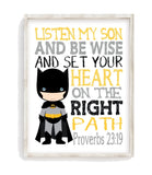Batman Superhero Christian Nursery Decor Unframed Print - Listen My Son Be Wise Proverbs 23:19