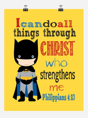 Batman Superhero Christian Nursery Decor Print, I Can Do All Things Through Christ Who Strengthens Me - Philippians 4:13