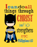 Batman Superhero Christian Nursery Decor Print, I Can Do All Things Through Christ Who Strengthens Me - Philippians 4:13