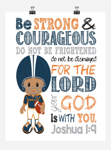 Personalized African American Chicago Bears Christian Sports Nursery Print - Be Strong and Courageous Joshua 1:9