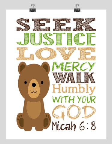Bear Woodland Animal Christian Nursery Decor Print,  Seek Justice Love Mercy Walk Humbly - Micah 6:8