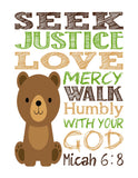 Bear Woodland Animal Christian Nursery Decor Print,  Seek Justice Love Mercy Walk Humbly - Micah 6:8