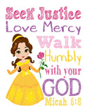 Princess Christian Nursery Decor Set of 4 Unframed Prints Jasmine, Cinderella, Mulan and Belle with Bible Verse