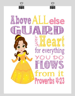 Belle Christian Princess Nursery Decor Wall Art Print - Above all else Guard your Heart - Proverbs 4:23