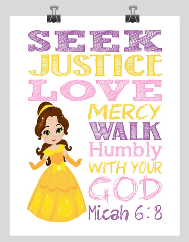 Belle Christian Princess Nursery Decor Wall Art Print - Seek Justice Love Mercy - Micah 6:8 Bible Verse - Multiple Sizes