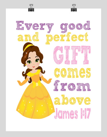 Belle Christian Princess Nursery Decor Wall Art Print - Every Good and Perfect Gift Comes From Above - James 1:17
