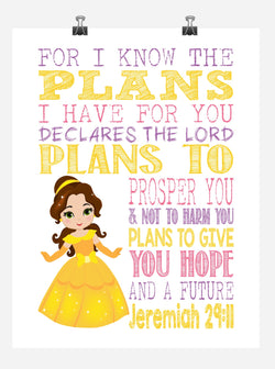 Belle Christian Princess Nursery Decor Wall Art Print - For I Know The Plans I Have For You - Jeremiah 29:11