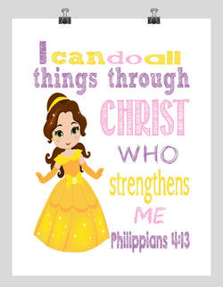 Belle Christian Princess Nursery Decor Art Print - I Can Do All Things Through Christ Who Strengthens Me - Philippians 4:13